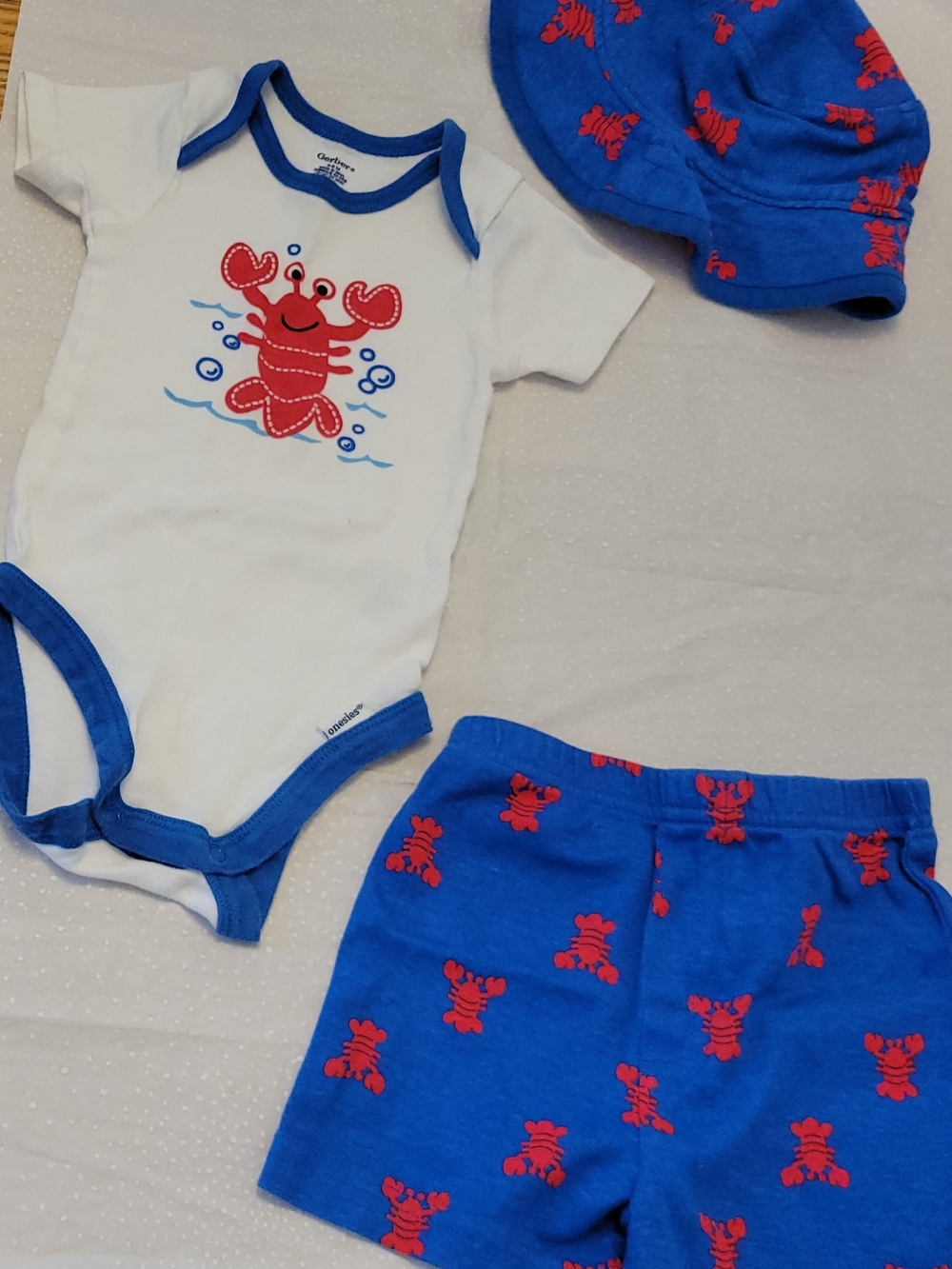 Gerber White Bodysuit with Blue Trim and Red Lobster